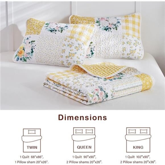 3 Pieces Floral Patchwork Quilt Set Queen, Yellow n White Flowers - Picture 7 of 8